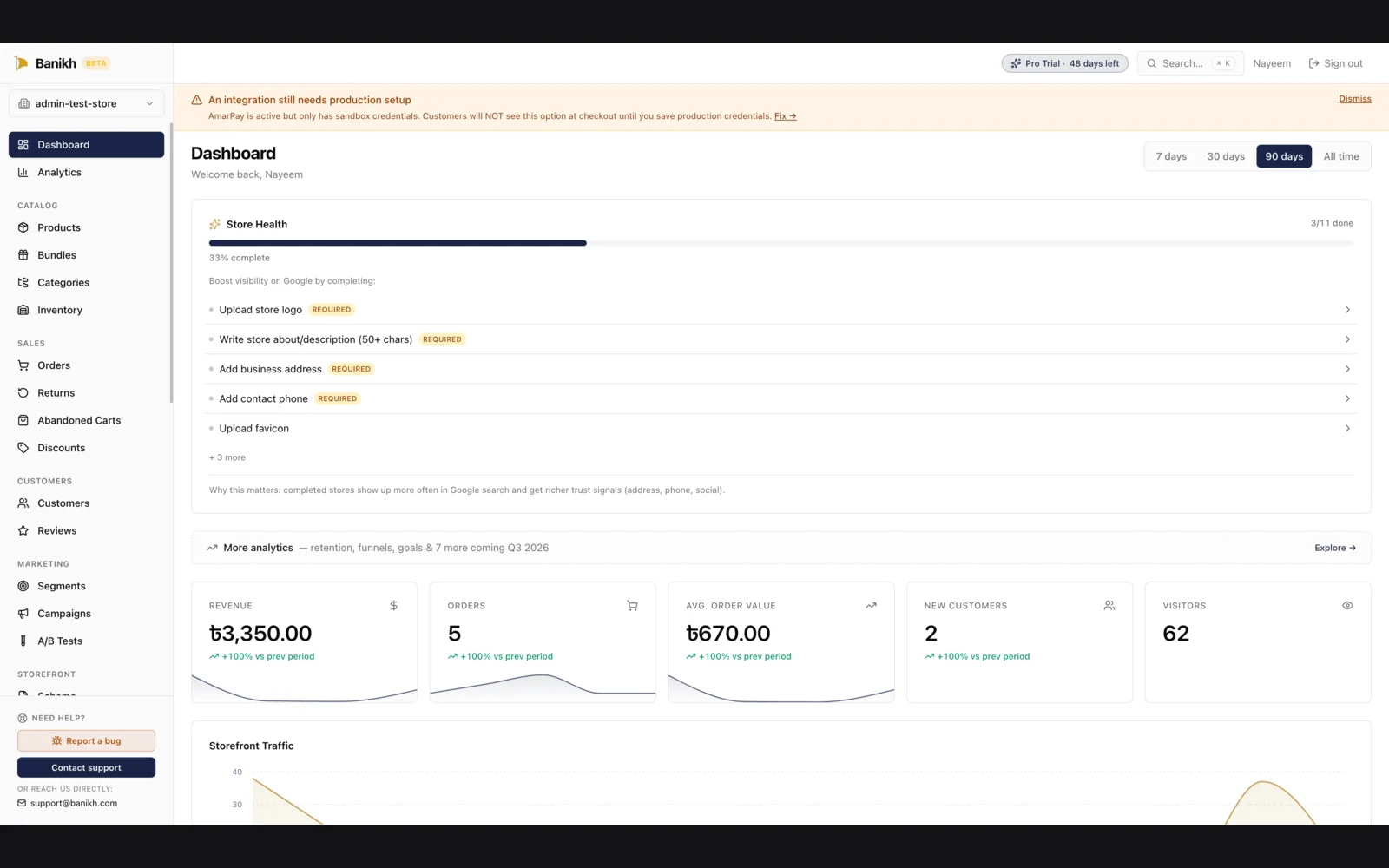 Banikh admin dashboard showing store-health onboarding checklist, KPI cards, and a sandbox-credentials warning banner