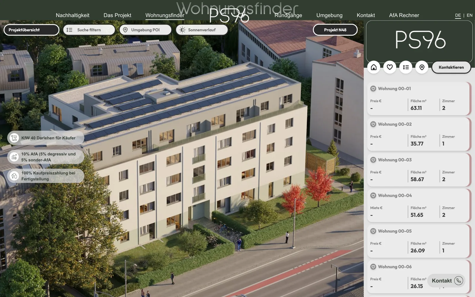 Interactive apartment finder on the Pasewalker Strasse 96 site with SVG floor overlays