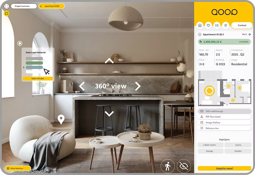 360-degree interior panorama of a furnished apartment inside the QOOP viewer