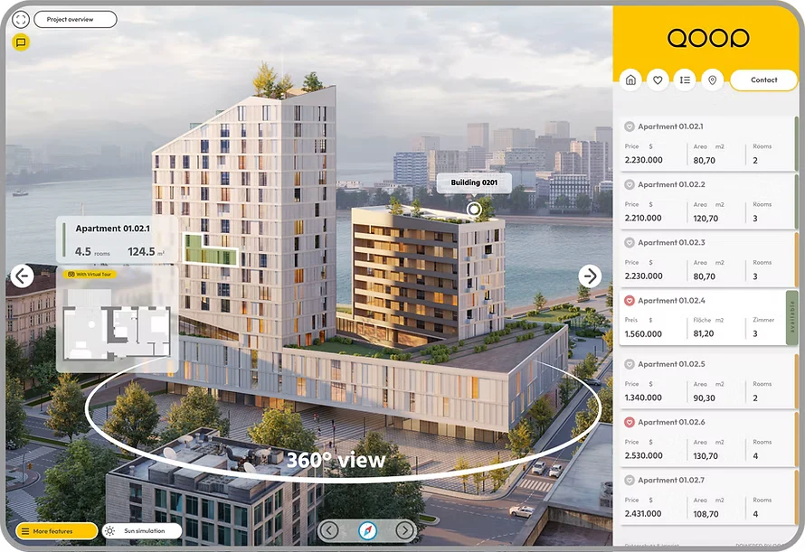QOOP 3D viewer showing a residential building exterior with a live apartment availability list