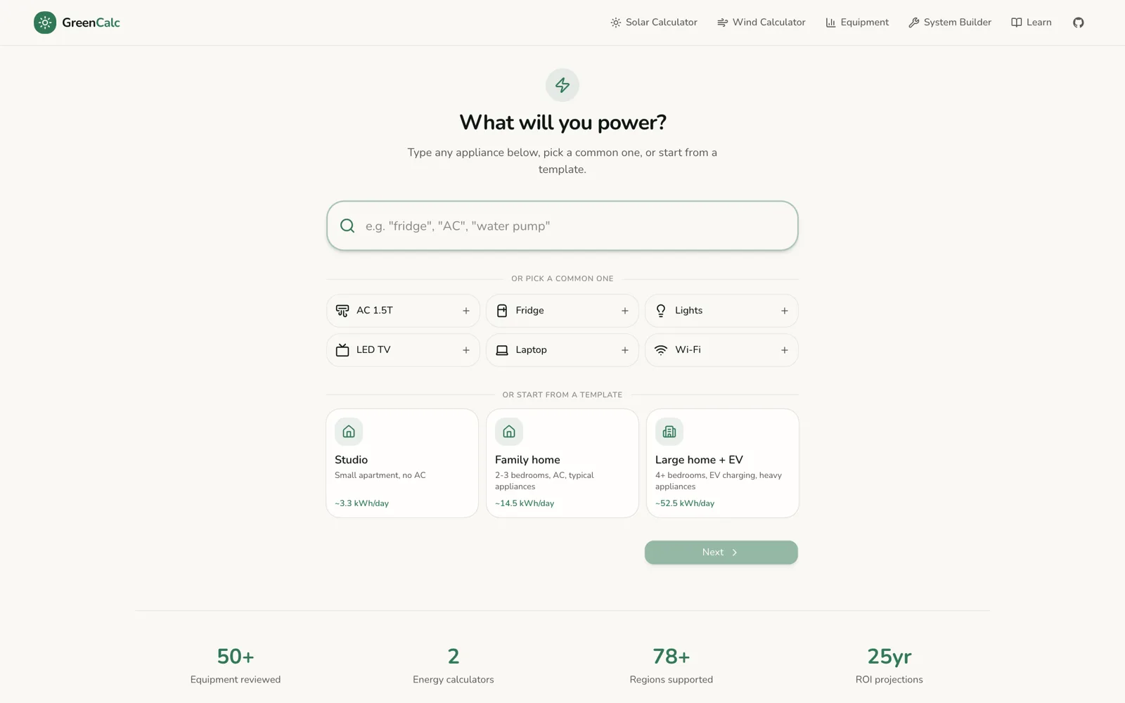 GreenCalc landing page with solar and wind calculator entry points