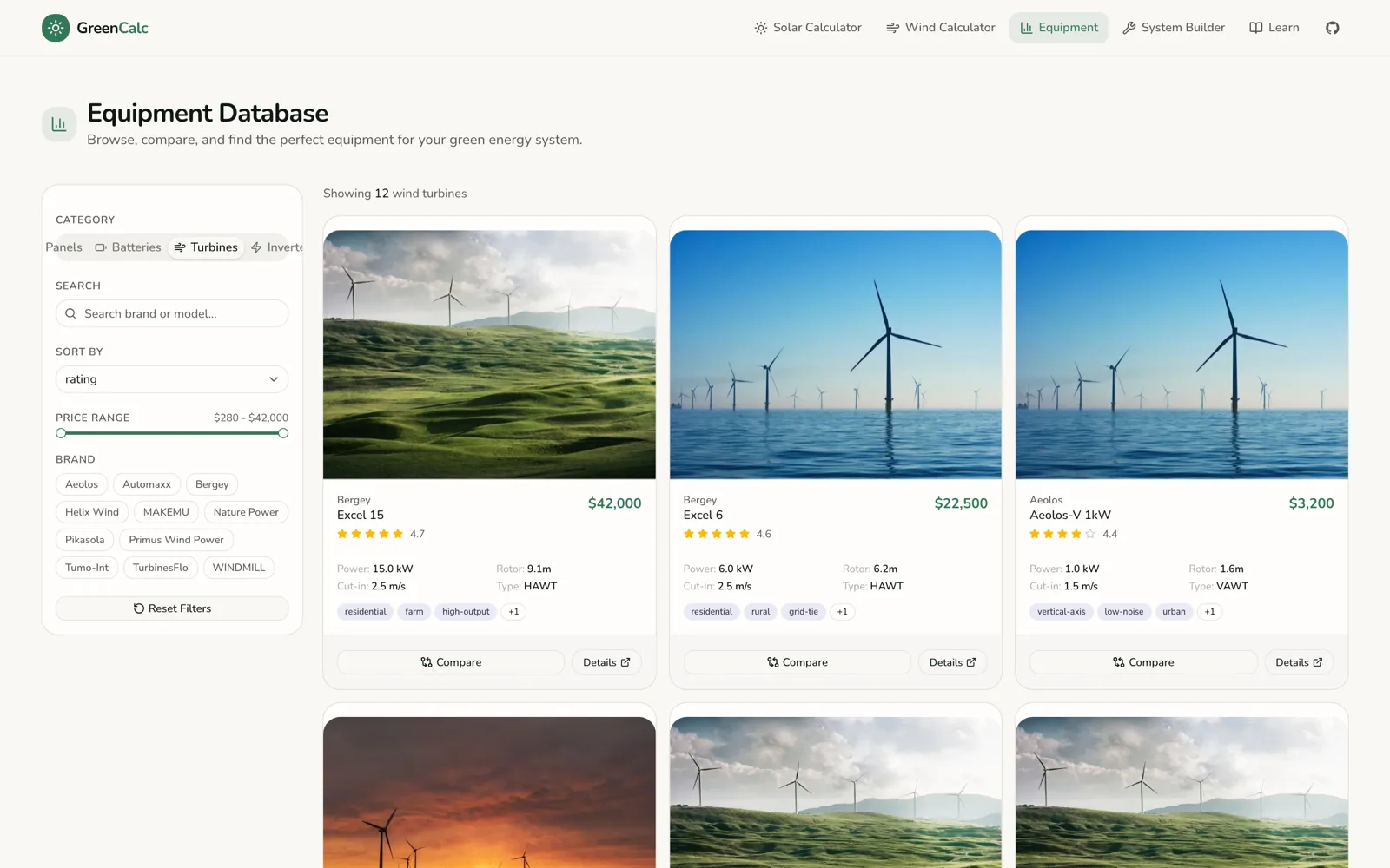 Equipment database filtered to wind turbines with specs and prices