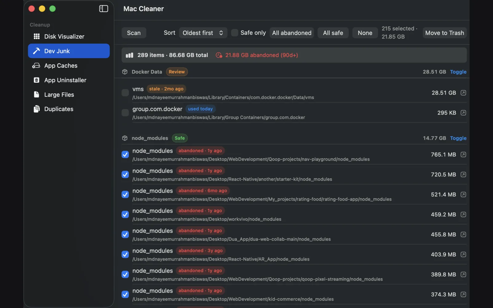 Mac Cleaner dev junk scan listing 289 items totaling 86.68 GB across categories
