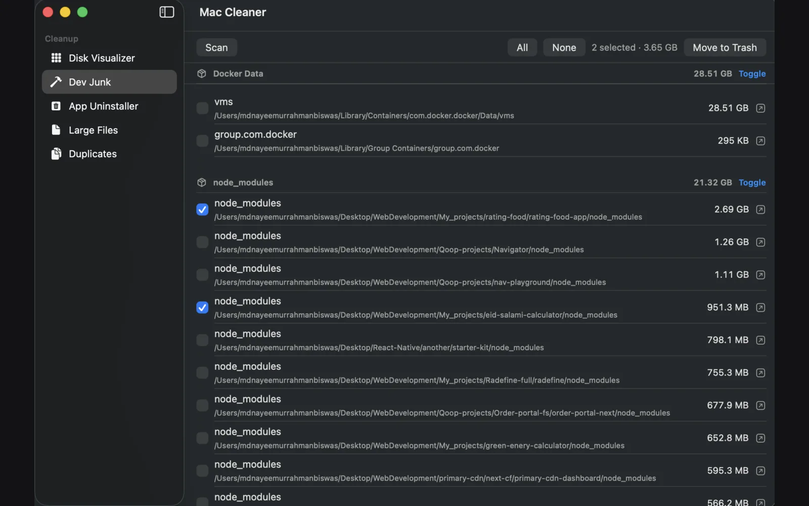 Per-path selection view with Docker data and node_modules folders staged for Trash