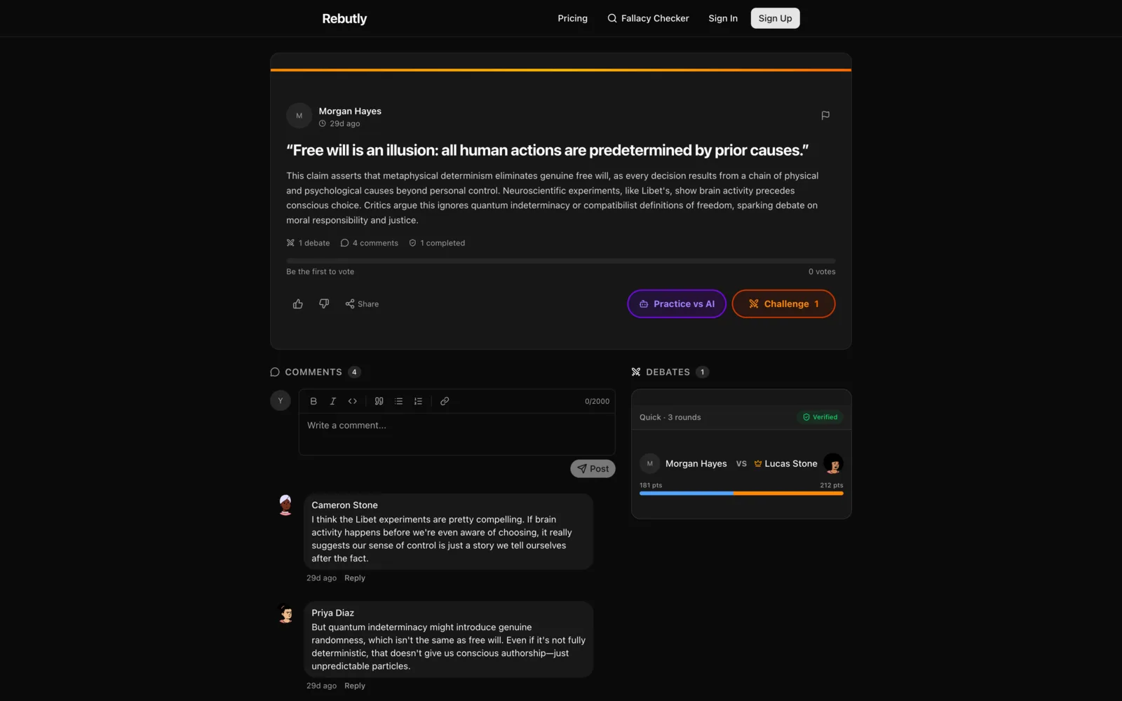 Rebutly claim page for a free-will thesis with a comment thread and a verified debate in the sidebar