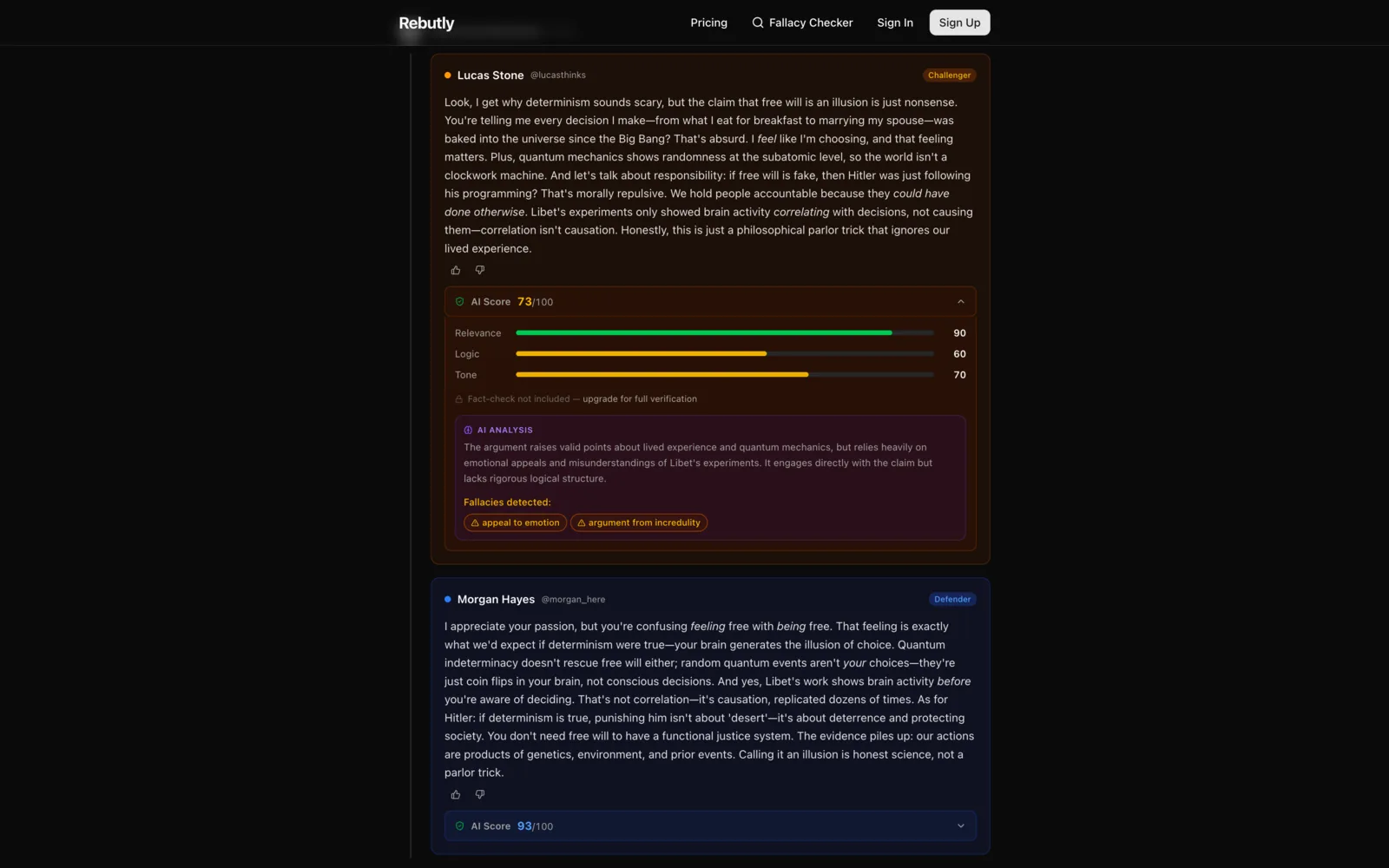 Debate turn scored 73 of 100 with relevance, logic and tone bars and two detected fallacies