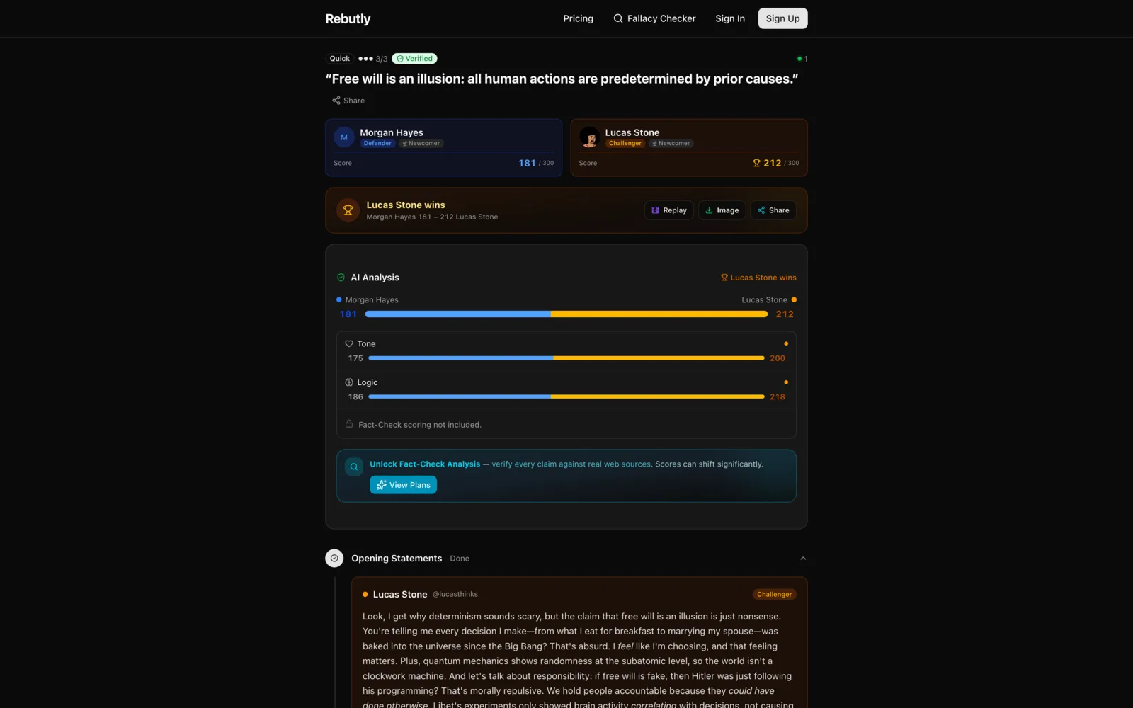 Debate result screen showing a 181 to 212 score, a declared winner, and split tone and logic ELO bars