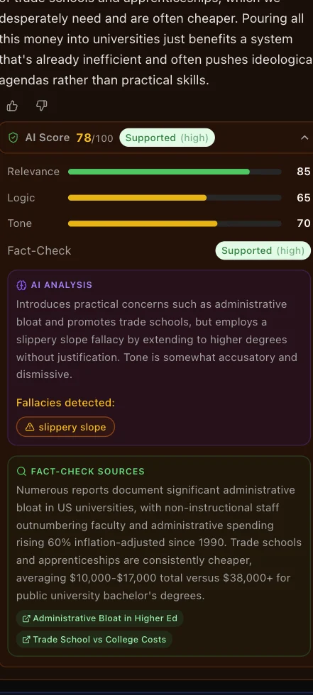 Phone screen showing a fact-check verdict marked supported with high confidence and a list of cited web sources