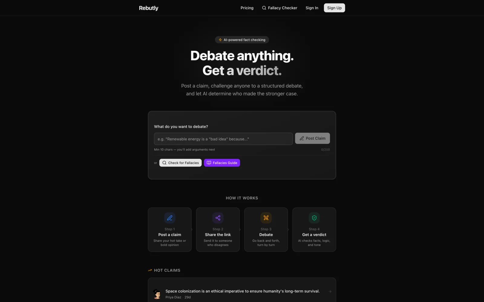 Rebutly landing page headlined Debate anything, Get a verdict, with a claim input and how-it-works steps