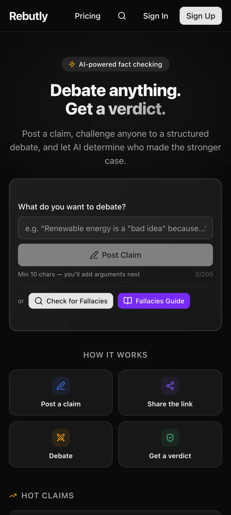 Rebutly landing page on a phone with the Debate anything headline and claim input