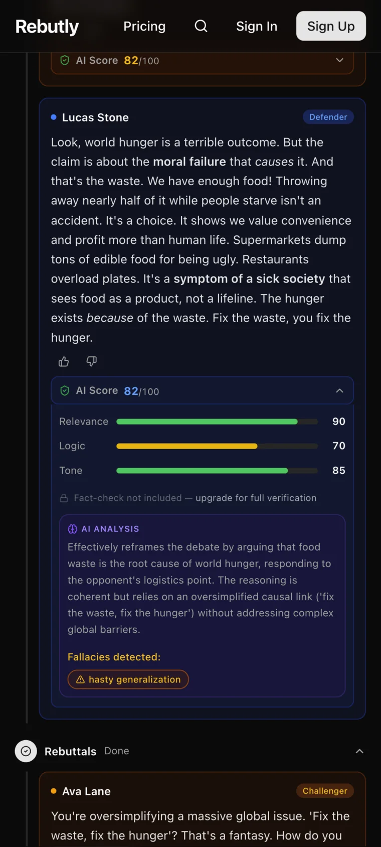 Phone screen scoring a debate turn 82 of 100 with relevance, logic and tone bars and a flagged hasty-generalization fallacy